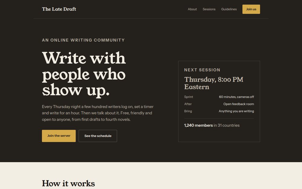 Concept homepage for an online writing community showing its name, a join button and the time of the next weekly session