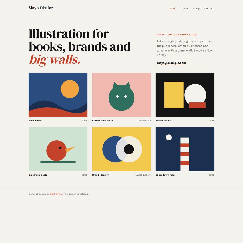 A concept portfolio homepage for an illustrator: her name, a
                headline about her work, a line saying she is taking commissions,
                and a grid of six bright, flat illustrations