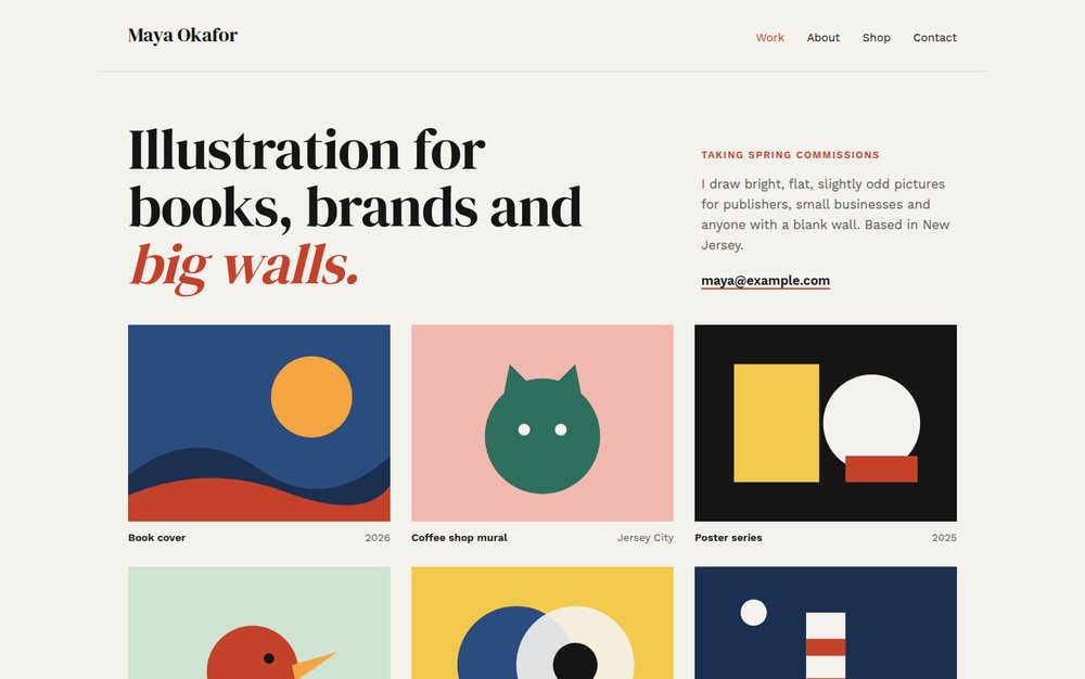 Concept portfolio homepage for an illustrator showing her name, a short introduction and a grid of her illustrations