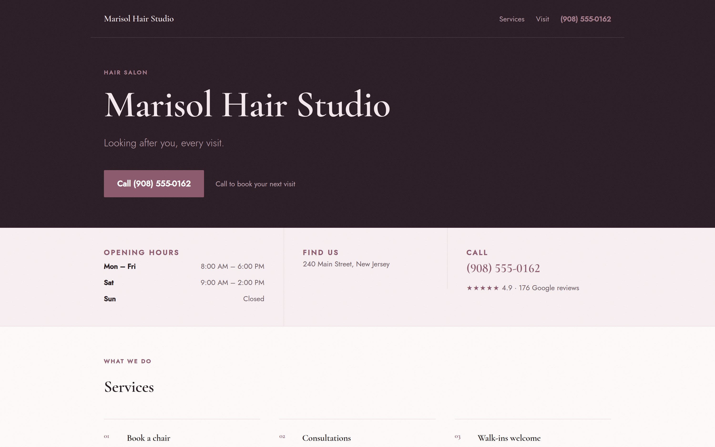 Concept homepage for a hair salon showing the business name, phone number, opening hours and customer rating