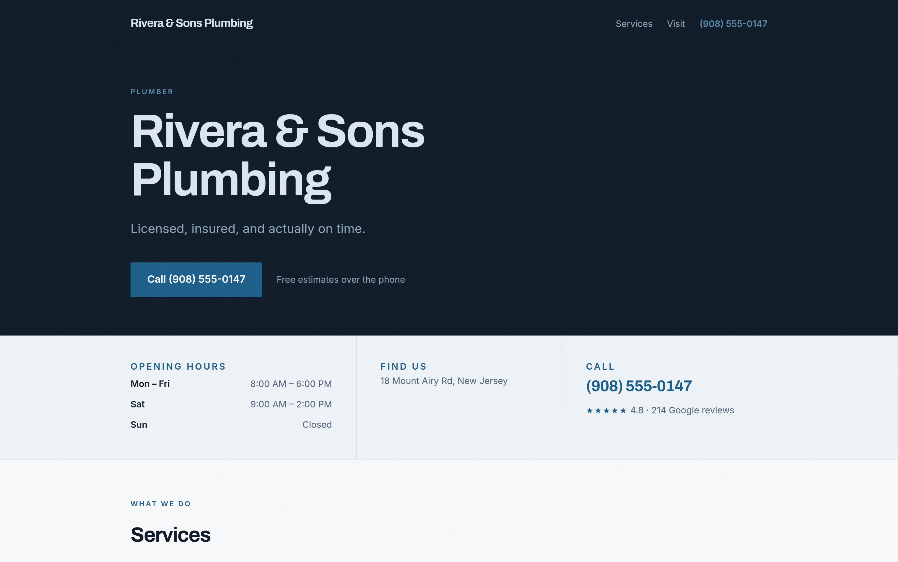 Concept homepage for a plumbing company showing the business name, phone number, opening hours and customer rating